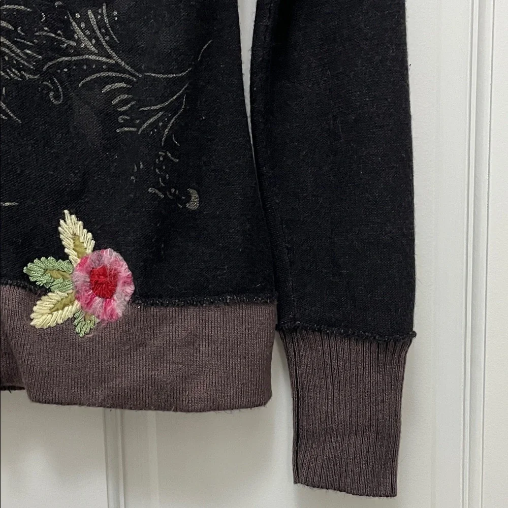 One Girl Who Black Floral Embroidered Full Front Zip Sweater - Size Small